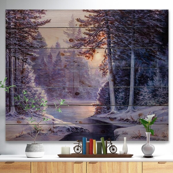Designart 'Winter Forest with the River in Frosty Day' Landscapes Painting Print on Natural Pine Wood - White