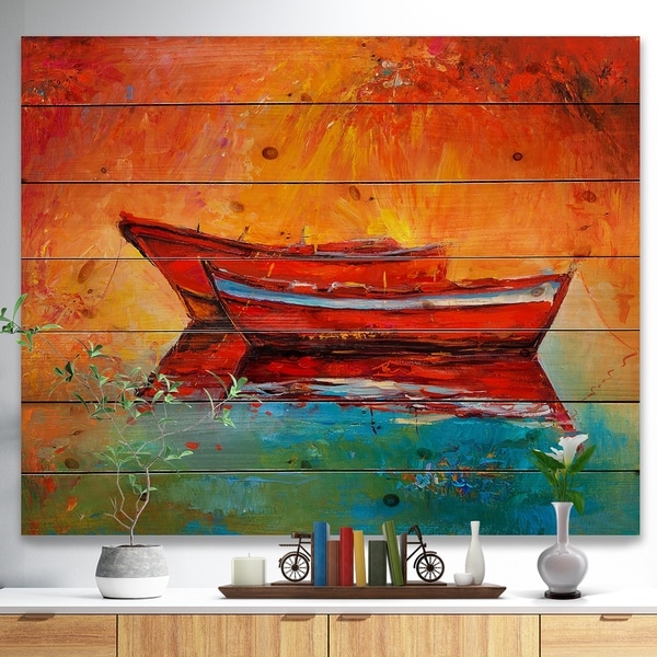 Designart 'Red Boats over Golden Sunset' Nautical Painting Print on Natural Pine Wood - Orange