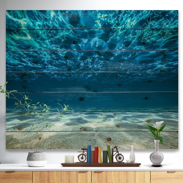 Designart 'Ocean Bottom Beneath the Surface' Sea & Shore Print on Natural Pine Wood - Blue