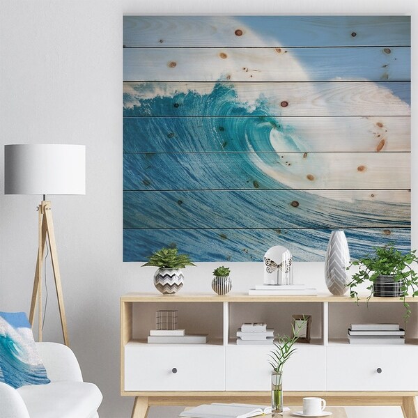 Designart 'Blue Ocean Wave' Sea & Shore Print on Natural Pine Wood - Blue