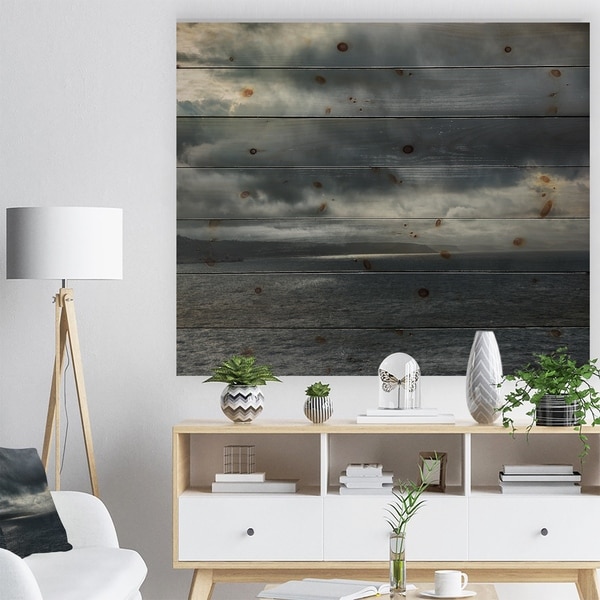 Designart 'Morning Coastline' Sea & Shore Print on Natural Pine Wood - Grey