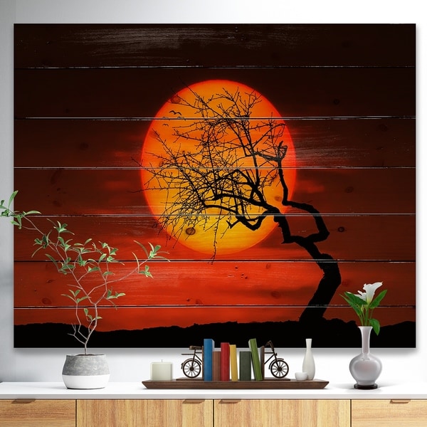 Designart 'Birds and Tree Silhouette at Sunset' Landscape Print on Natural Pine Wood - Multi-color