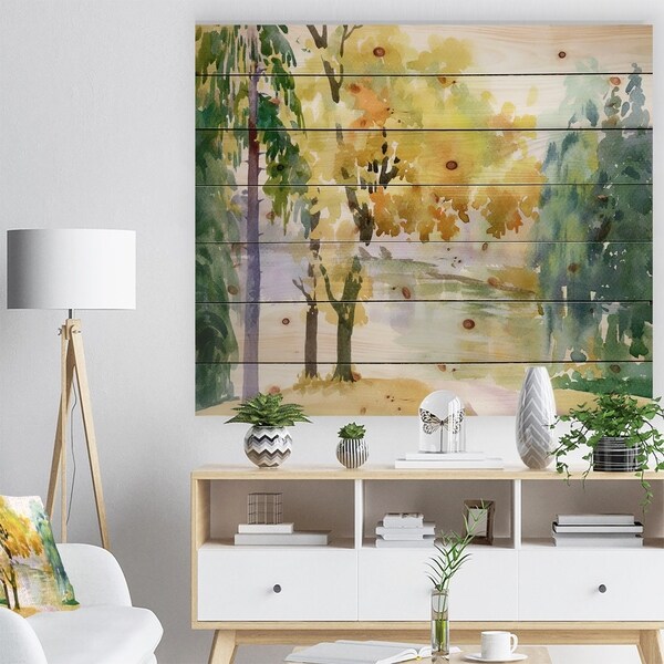 Designart 'Beautiful Autumn Forest Watercolor' Landscape Print on Natural Pine Wood - Multi-color