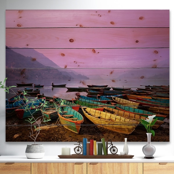 Designart 'Boats under Twilight Sky in Phewa' Boat Print on Natural Pine Wood - Multi-color