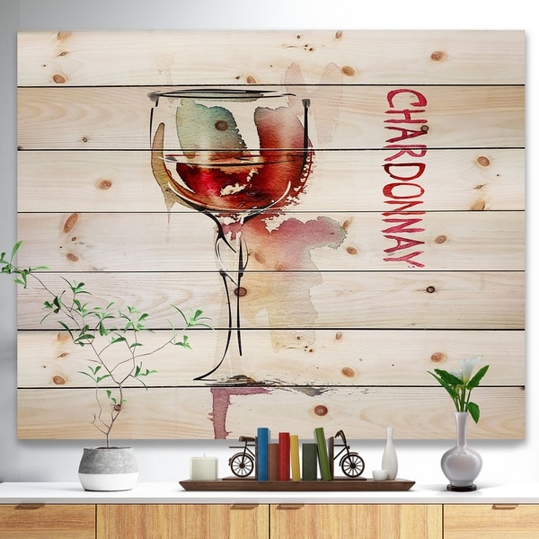 Designart 'Red Wine on White Background' Contemporary Print on Natural Pine Wood - Red