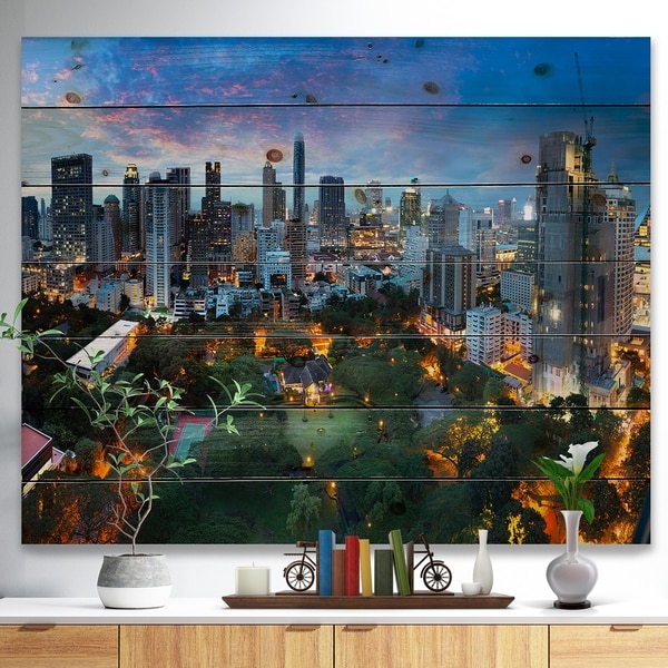 Designart 'Bangkok City Skyline' Cityscape Print on Natural Pine Wood - Multi-color