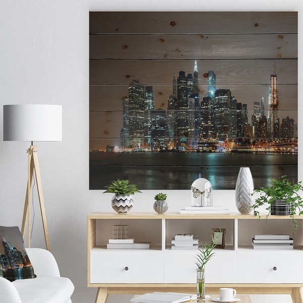 Designart 'Evening New York Panorama' Cityscape Print on Natural Pine Wood - Multi-color