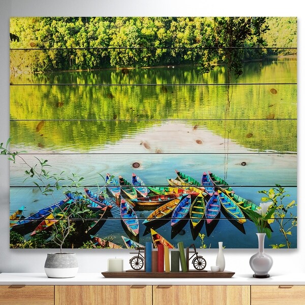 Designart 'Boats in the Lake Pokhara Nepal' Boat Print on Natural Pine Wood - Multi-color