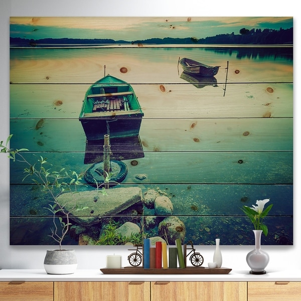 Designart 'Boats in Vintage Style Lake' Boat Print on Natural Pine Wood - Multi-color