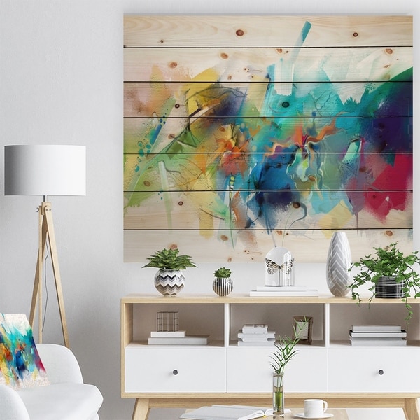 Designart 'Brush Stroke Colorful Oil Painting' Contemporary Painting Print on Natural Pine Wood - White