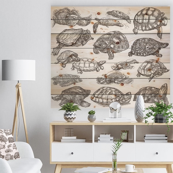 Designart 'Turtles in Freehand sketching' Sketch of Nautical Animals of Painting Print on Natural Pine Wood - White