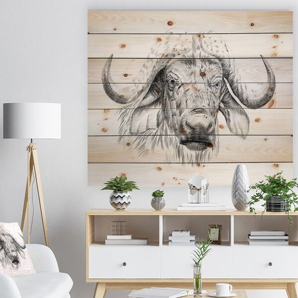 Designart 'Pencil Bufallo Sketch in Black and White' Animals Painting Print on Natural Pine Wood - White