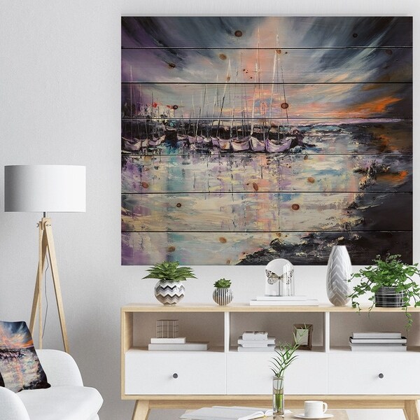 Designart 'Marina bay Under Stormy Sunset' Sea & Shore Painting Print on Natural Pine Wood - Blue