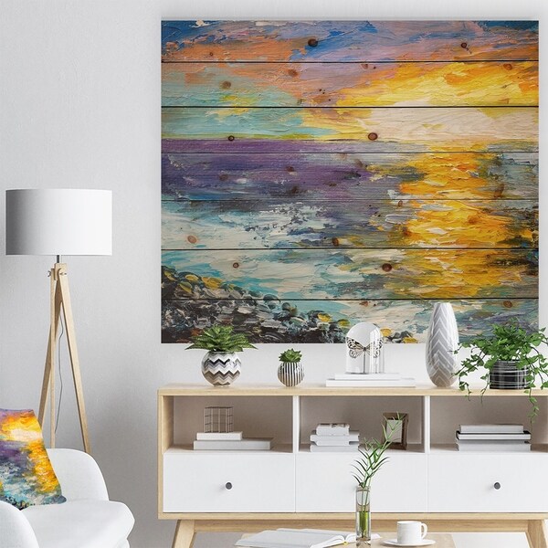 Designart 'Sunset on the Coast' Sea & Shore Painting Print on Natural Pine Wood - Blue