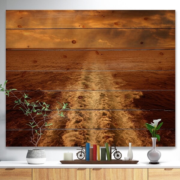 Designart 'Dusk in the Ocean' Sea & Shore Painting Print on Natural Pine Wood - Brown