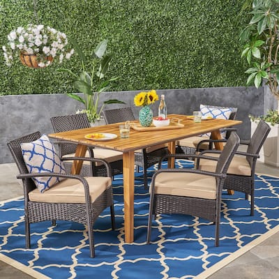 Durham Outdoor 7 Piece Acacia Wood Dining Set with Wicker Chairs by Christopher Knight Home