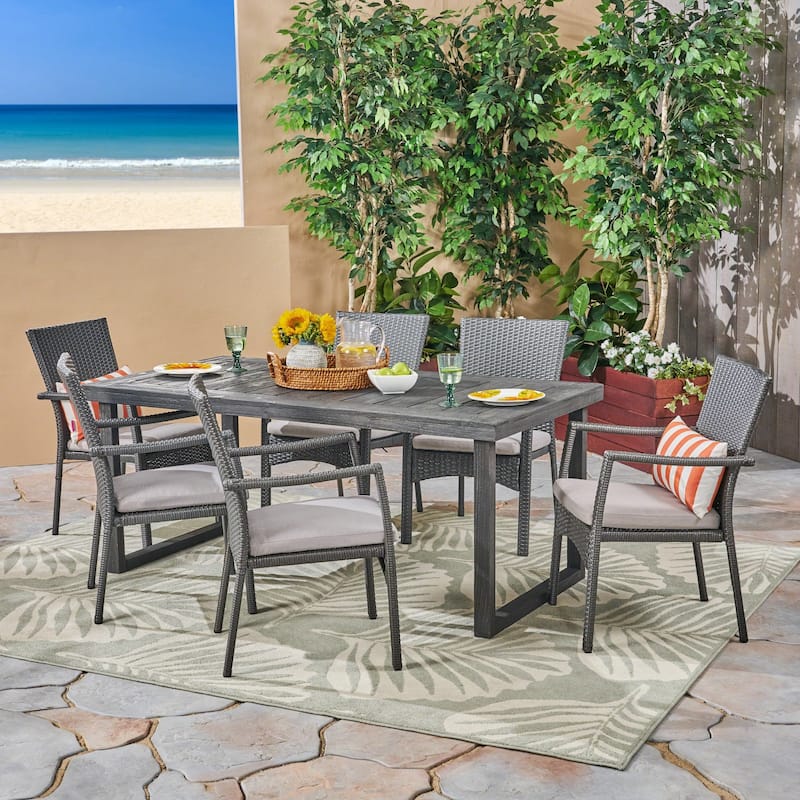 Garner Outdoor 6-Seater Acacia Wood Dining Set with Wicker Chairs by ...