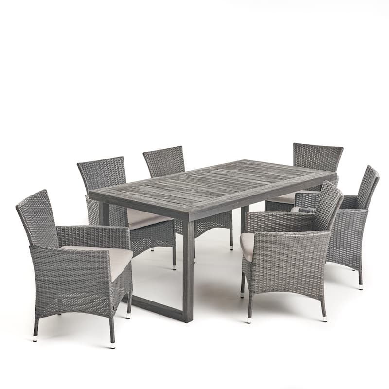 Moralis Outdoor 6-Seater Acacia Wood Dining Set with Wicker Chairs by Christopher Knight Home - Sandblast Dark Grey + Gray + Silver Cushion