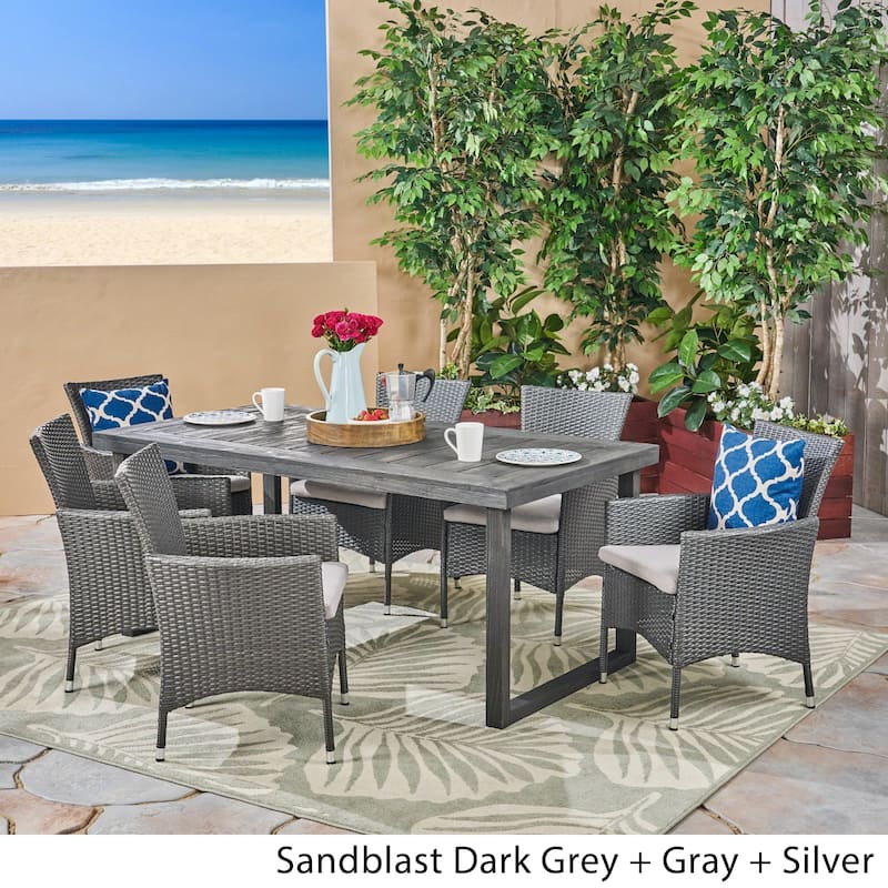 Moralis Outdoor 6-Seater Acacia Wood Dining Set with Wicker Chairs by Christopher Knight Home