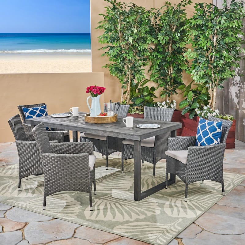 Moralis Outdoor 6-Seater Acacia Wood Dining Set with Wicker Chairs by Christopher Knight Home