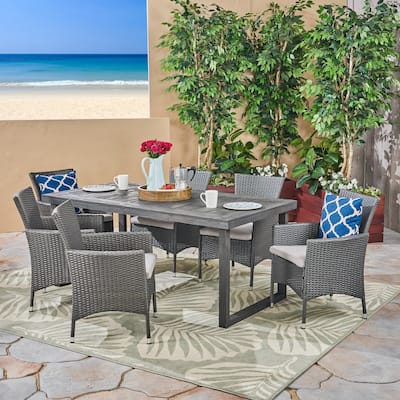 Moralis Outdoor 6-Seater Acacia Wood Dining Set with Wicker Chairs by Christopher Knight Home