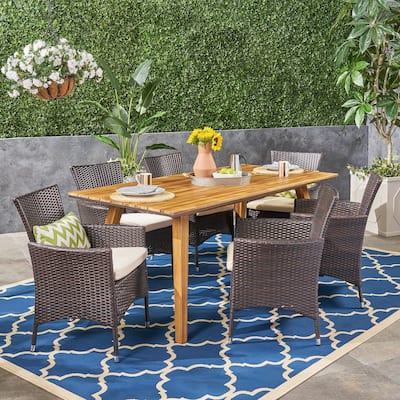 Crescent Outdoor 7 Piece Acacia Wood Dining Set with Wicker Chairs by Christopher Knight Home