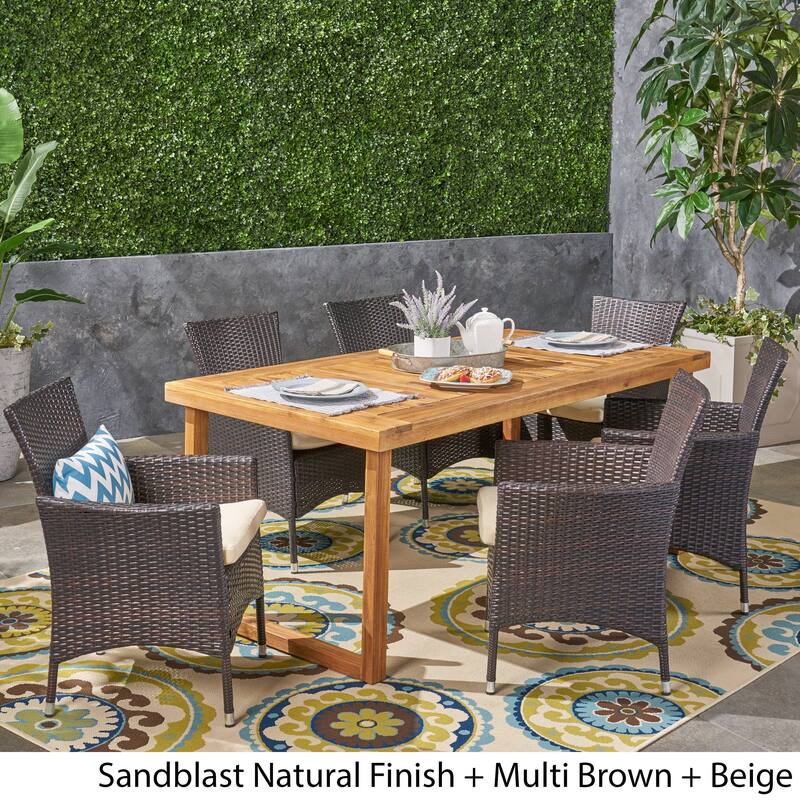 Moralis Outdoor 6-Seater Acacia Wood Dining Set with Wicker Chairs by Christopher Knight Home