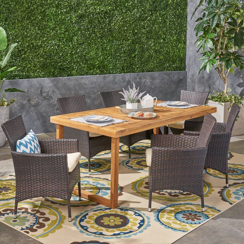 Moralis Outdoor 6-Seater Acacia Wood Dining Set with Wicker Chairs by Christopher Knight Home - sandblast natural + multi brown + beige cushion