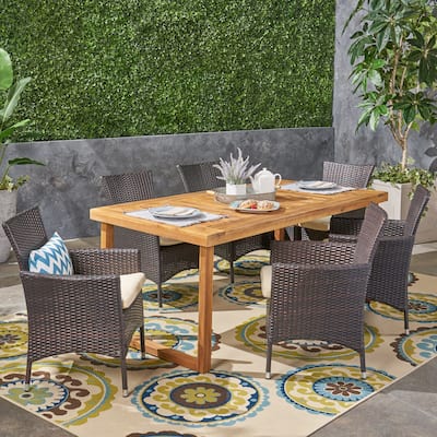 Moralis Outdoor 6-Seater Acacia Wood Dining Set with Wicker Chairs by Christopher Knight Home