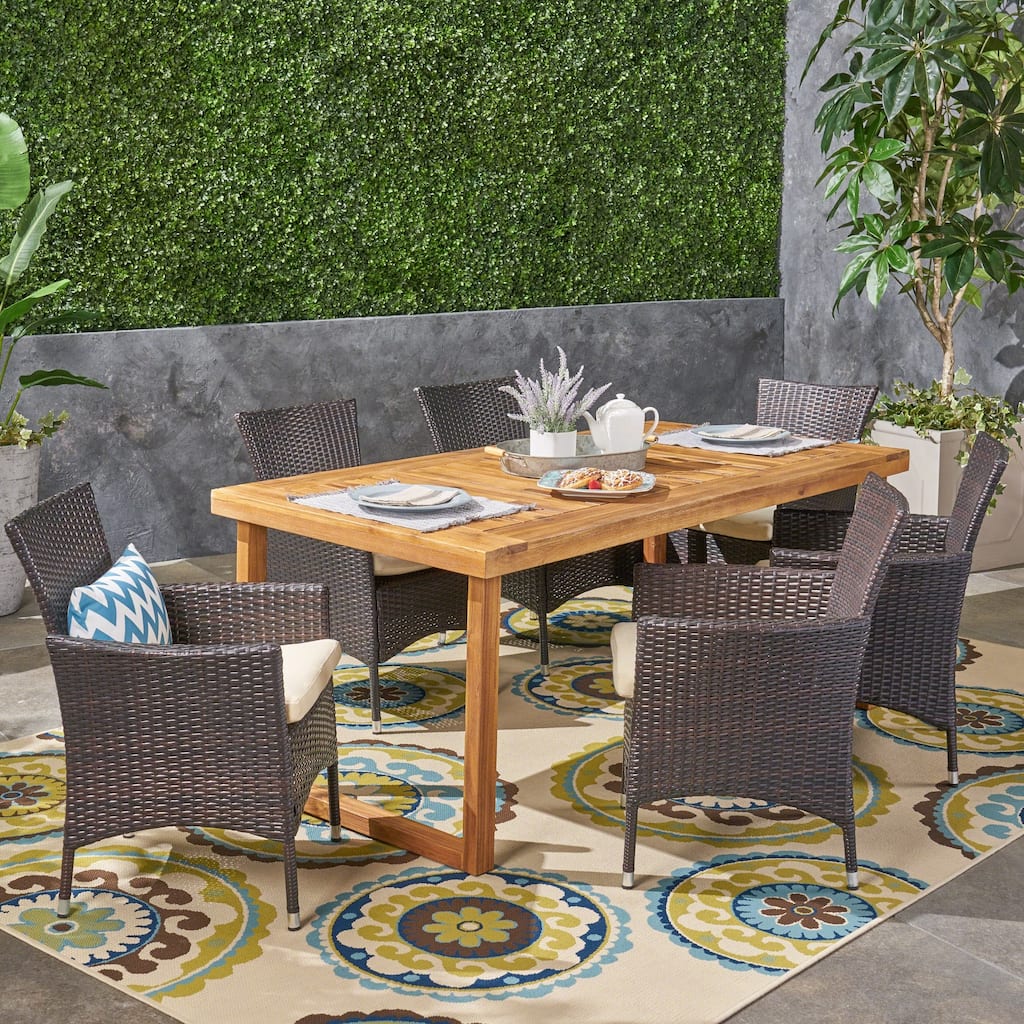 Moralis Outdoor 6-Seater Acacia Wood Dining Set with Wicker Chairs by Christopher Knight Home