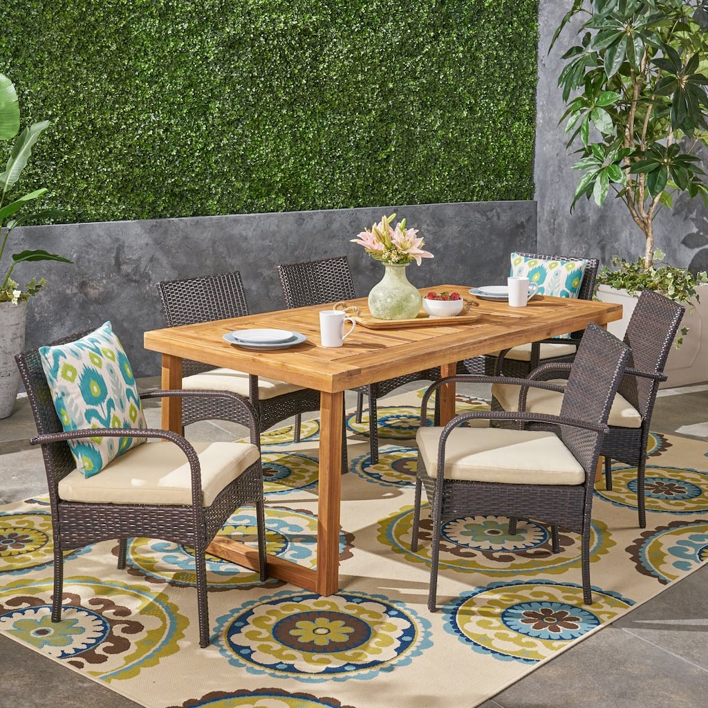 Stillwater Outdoor 6-Seater Acacia Wood Dining Set with Wicker Chairs by Christopher Knight Home