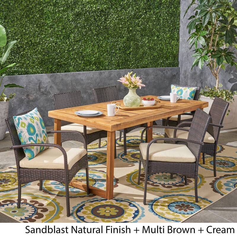 Stillwater Outdoor 6-Seater Acacia Wood Dining Set with Wicker Chairs by Christopher Knight Home