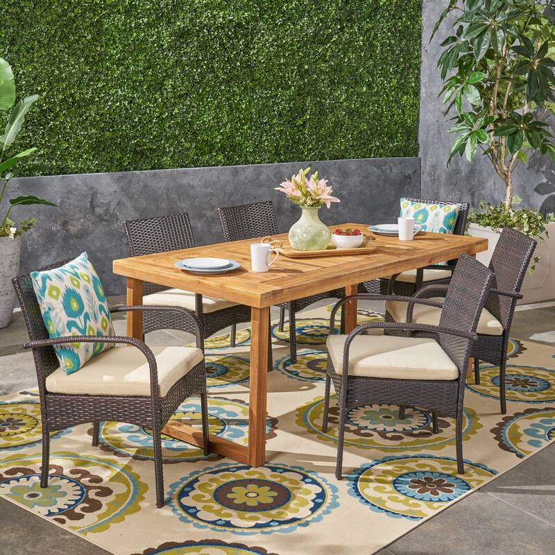 Stillwater Outdoor 6-Seater Acacia Wood Dining Set with Wicker Chairs by Christopher Knight Home - sandblast natural + multi brown + cream cushion