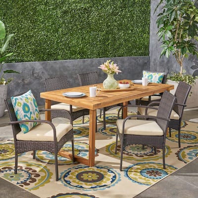 Stillwater Outdoor 6-Seater Acacia Wood Dining Set with Wicker Chairs by Christopher Knight Home