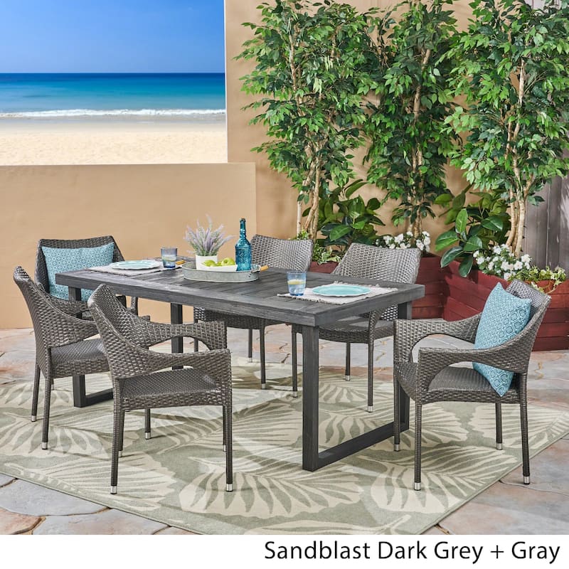 Lecanto Outdoor 7 Piece Acacia Wood Dining Set with Stacking Wicker Chairs by Christopher Knight Home
