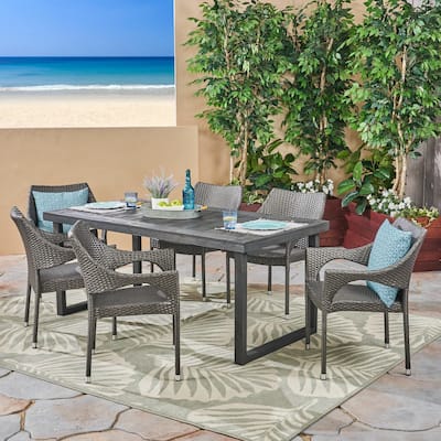 Lecanto Outdoor 7 Piece Acacia Wood Dining Set with Stacking Wicker Chairs by Christopher Knight Home