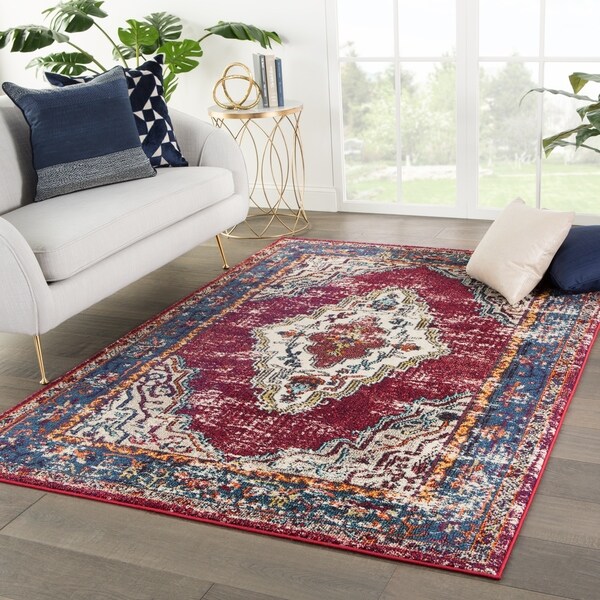Jana Medallion Maroon/ Blue Area Rug - 4' x 5'8"