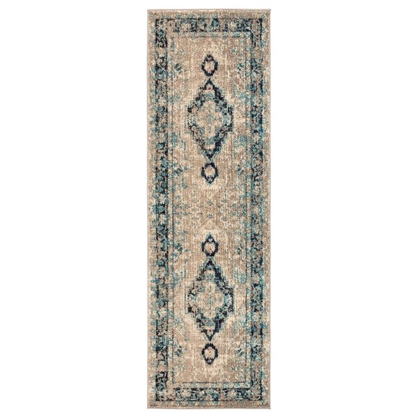 Marin Medallion Turquoise/ Taupe Runner Rug - 2'6" x 8' Runner
