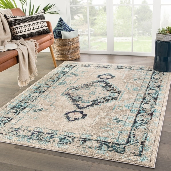 Marin Medallion Turquoise/ Taupe Area Rug - 5'3" x 7'6"