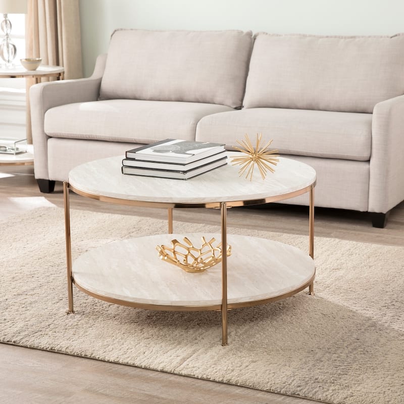 SEI Furniture Henderson Modern Faux Marble Round Coffee Table with Bottom Shelf