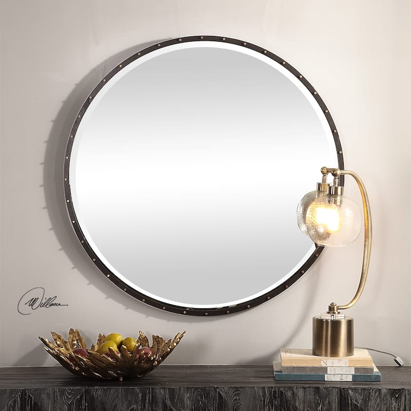 Uttermost Benedo Rustic Black Round Mirror - Antique Silver - 42x42x1.5