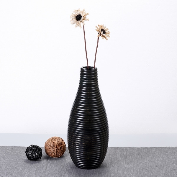 Sustainable Wood Decorative Carved Lines Faux Flower Planter Eco-Friendly Villacera Handmade 14 Tall Bottle Mango Brown Round Ripple Vase