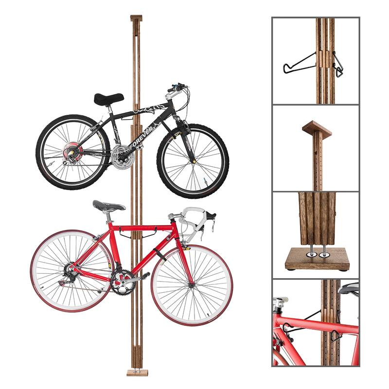 Bike Rack - Adjustable Wood Hanger for Storing - Floor to Ceiling Tension Mount Extends from 7 to 10-Feet by Rad Sportz (Brown)