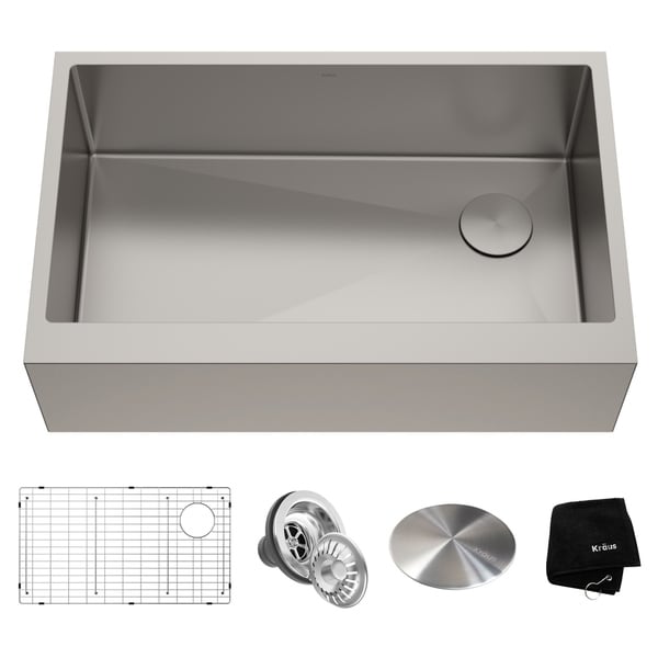 Kraus KHF410-33 Farmhouse Flat Apron 33-in 16G 1-Bowl Satin Stainless Steel Kitchen Sink, Grid, Strainer, Cap, Towel