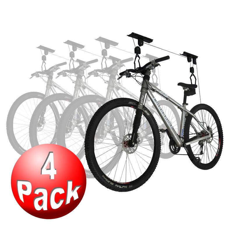 4-Pack Bike Hanger Set - Overhead Hoist Pulley System with 100lb Capacity Each - Secure Garage Ceiling Storage by Rad Cycle