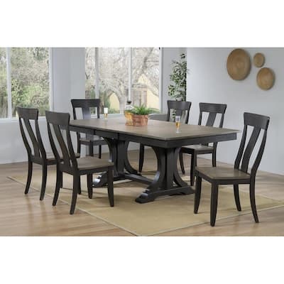Double Art Deco Antique Grey Stone/Black Stone Panel Back 7-Piece Dining Set