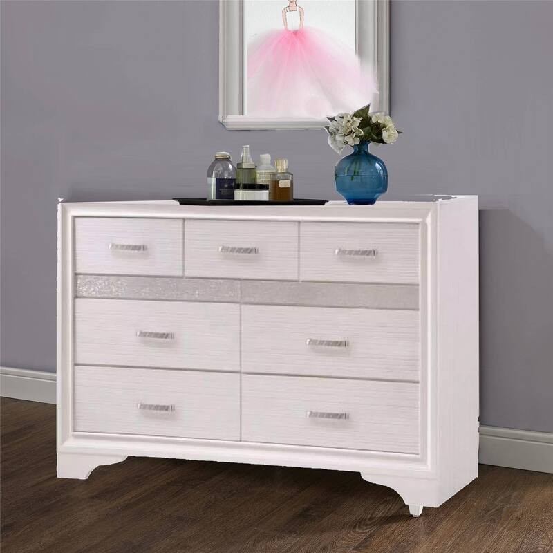 Seven Drawers Wooden Dresser With Hidden Tray and Bar Handles, White
