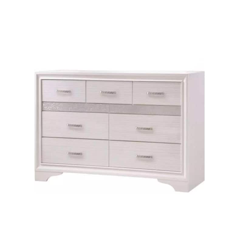 Seven Drawers Wooden Dresser With Hidden Tray and Bar Handles, White