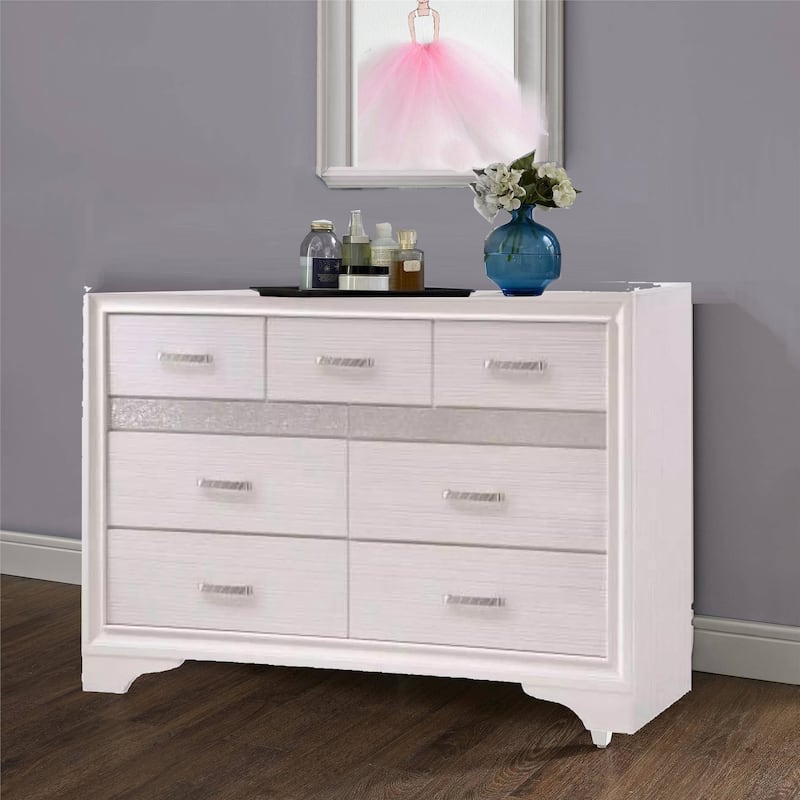 Seven Drawers Wooden Dresser With Hidden Tray and Bar Handles, White
