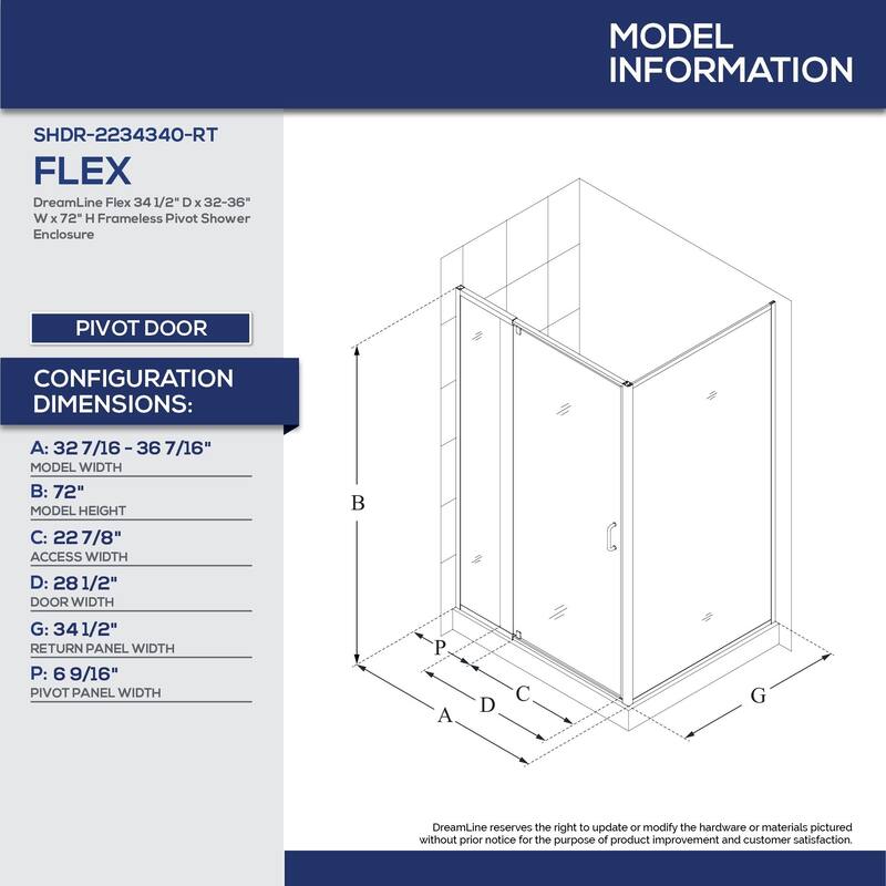 DreamLine Flex 34 1/2 in. D x 32-36 in. W x 72 in. H Semi-Frameless Pivot Shower Door